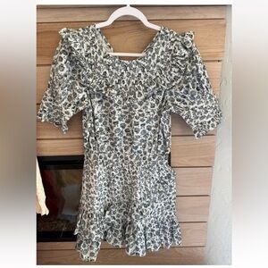 LoveShackFancy Floreen Mini Dress Grey Floral Short Sleeve Ruffle Pintuck Sz XS